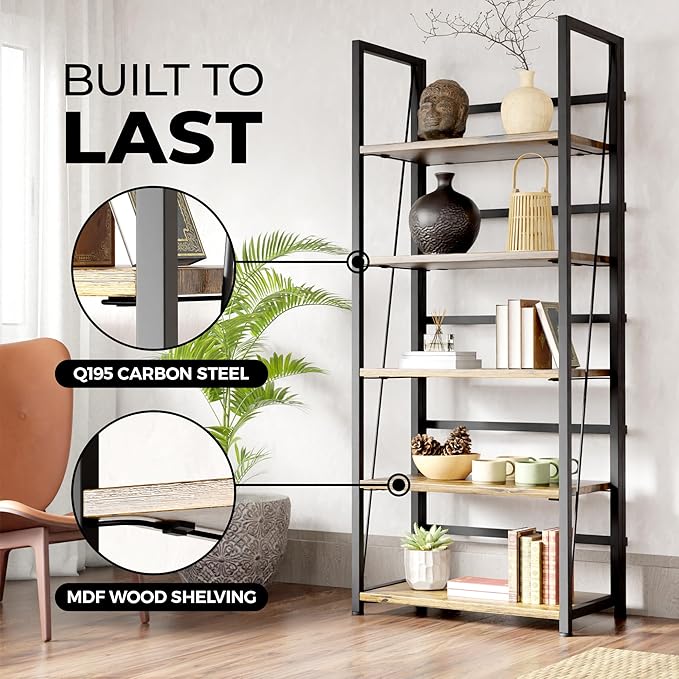 5 Tier Wood Book Shelf Organizer, No Assembly Bookshelf for Bedroom Living Room Office, Rustic Foldable Book Case, Tall Bookshelves, Open Book Shelves, Decorative Folding Shelf Display, Tall Bookcase - LeafyLoom