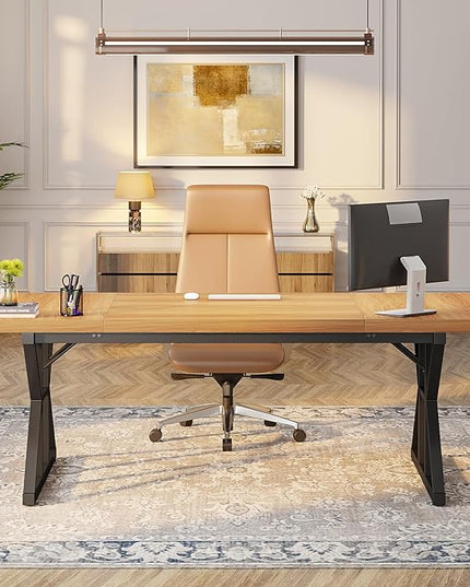 Tribesigns 70.8-Inch Executive Desk, Large Computer Office Desk Workstation, Modern Simple Style Laptop Desk Study Writing Table Business Furniture for Home Office (Light Walnut/Black, 70.8 Inch) - LeafyLoom