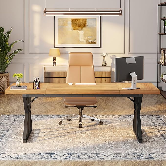 Tribesigns 70.8-Inch Executive Desk, Large Computer Office Desk Workstation, Modern Simple Style Laptop Desk Study Writing Table Business Furniture for Home Office (Light Walnut/Black, 70.8 Inch) - LeafyLoom