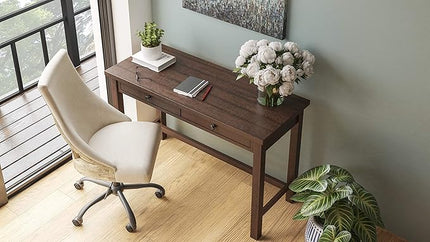 Signature Design by Ashley Camiburg Modern Home Office Writing Desk with Drawers, Warm Brown - LeafyLoom