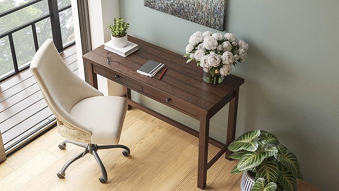 Signature Design by Ashley Camiburg Modern Home Office Writing Desk with Drawers, Warm Brown - LeafyLoom