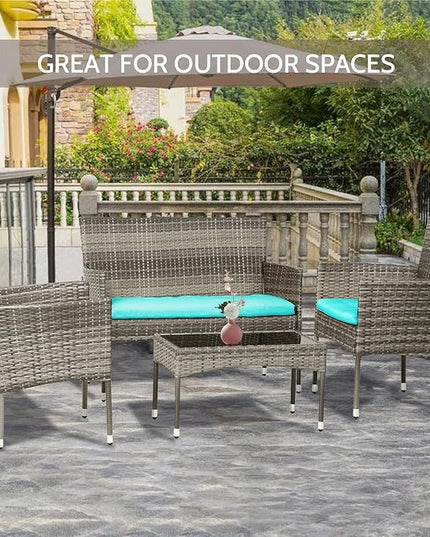 FDW Patio Conversation Set 4 Pieces Outdoor Furniture Set Wicker with Rattan Chair Loveseats Coffee Table for Outdoor Indoor Garden Backyard Porch Poolside Balcony,Gray Wicker/Blue Cushions - LeafyLoom