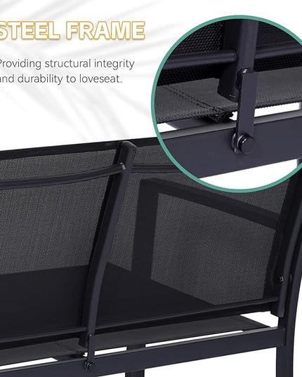 4 Pieces Patio Furniture Set Outdoor Garden Patio Conversation Sets Poolside Lawn Chairs with Tempered Glass Coffee Table Loveseat Porch Furniture Textilene Fabric Black - LeafyLoom