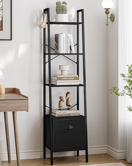 Narrow Bookshelf Bookcase with Drawer, Ladder Shelf with 2 Hooks, Bookshelves Storage Organizer, Freestanding Display Standing for Home Office, Bedroom, 5 Tier Black BC19504B - LeafyLoom