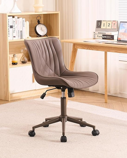YOUTASTE Dark Brown Office Chair Modern Armless Desk Chair with Wheels Adjustable Swivel Rocking Rolling Computer Study Chairs Faux Leather Sewing Chairs with Back Stylish Vanity Chair - LeafyLoom