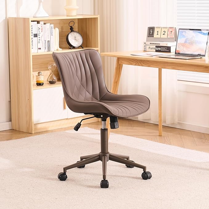 YOUTASTE Dark Brown Office Chair Modern Armless Desk Chair with Wheels Adjustable Swivel Rocking Rolling Computer Study Chairs Faux Leather Sewing Chairs with Back Stylish Vanity Chair - LeafyLoom