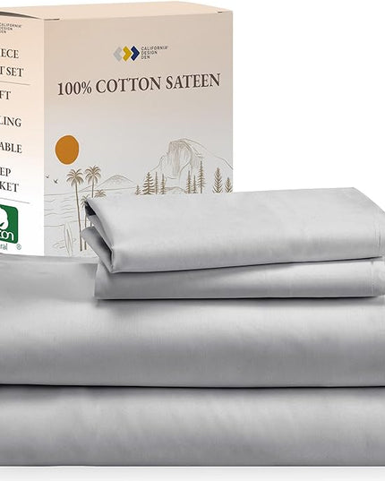 California Design Den Soft Cooling Sheets, 100% Cotton Sheets King Size Bed Sheets Set with Deep Pockets, 4 Piece Bedding & Pillowcases Set for Light Grey Sheets, King Sheets Set with Sateen Weave - LeafyLoom