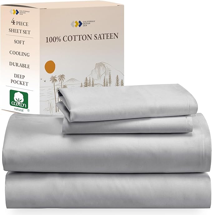 California Design Den Soft Cooling Sheets, 100% Cotton Sheets King Size Bed Sheets Set with Deep Pockets, 4 Piece Bedding & Pillowcases Set for Light Grey Sheets, King Sheets Set with Sateen Weave - LeafyLoom