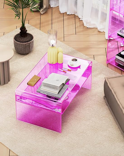 Acrylic Coffee Table for Living Room Clear Rectangle Lucite Table with Open Storage Shelf (1, Pink, Large) - LeafyLoom