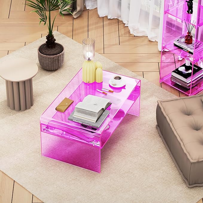 Acrylic Coffee Table for Living Room Clear Rectangle Lucite Table with Open Storage Shelf (1, Pink, Large) - LeafyLoom