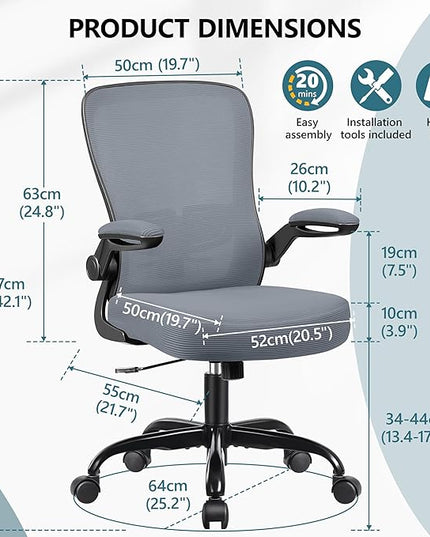 MINLOVE Office Chair Ergonomic Desk Chair with Adjustable Lumbar Support and Height, 90° Flip-up Armrests, Ergo Desk Chairs with Wheels, 360° Swivel Mesh Chair, Home Work Use (Dark Gray) - LeafyLoom