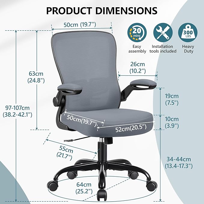 MINLOVE Office Chair Ergonomic Desk Chair with Adjustable Lumbar Support and Height, 90° Flip-up Armrests, Ergo Desk Chairs with Wheels, 360° Swivel Mesh Chair, Home Work Use (Dark Gray) - LeafyLoom