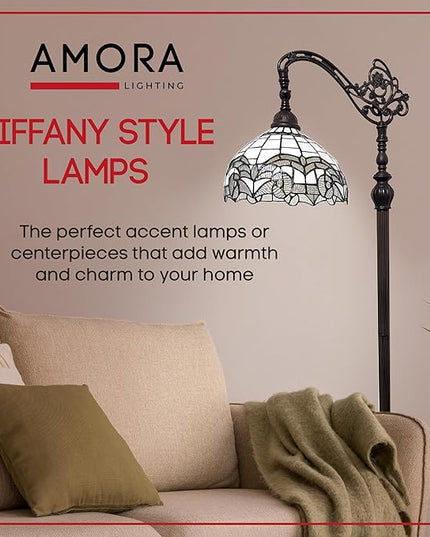 Amora Tiffany Floor Lamp - Arched, Stained Glass 62” - Traditional White Mahogany with Foot Switch Operation and Adjustable Lamp Shade - Custom Handcrafted Floor Lamps for Living Room - LeafyLoom