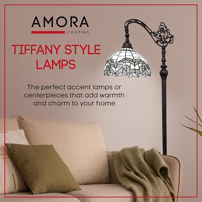 Amora Tiffany Floor Lamp - Arched, Stained Glass 62” - Traditional White Mahogany with Foot Switch Operation and Adjustable Lamp Shade - Custom Handcrafted Floor Lamps for Living Room - LeafyLoom
