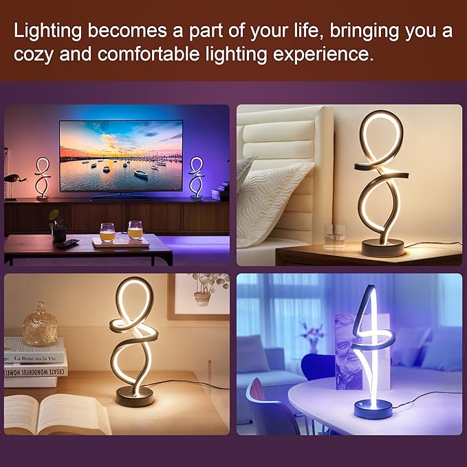 Modern Table Lamp, LED Spiral Lamp, RGB Table Lamp, Black Bedside Lamp with 7 Colors 10 Light Modes, Touch Dimmable Nightstand Lamp for Bedroom Living Room Home Office, 15W - LeafyLoom