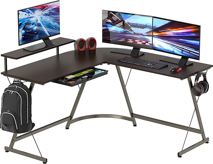 SHW Vista L-Shape Desk with Monitor Stand, Espresso - LeafyLoom