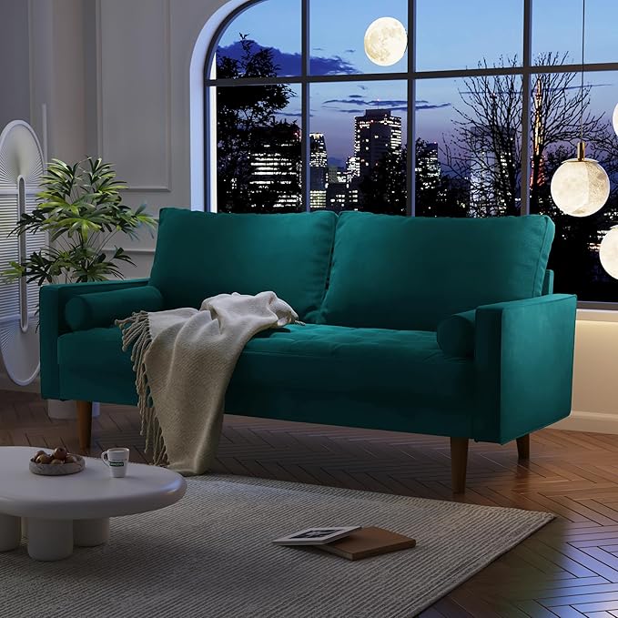 Velvet Furniture for Small Spaces, Mid-Century Modern Loveseats for Living Room, Love Seat Couch Sofas, 70 Inches, Teal Blue - LeafyLoom