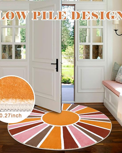 Topotdor Sun Rainbow Round Rug 4ft Boho Kids Nursery Rug, Colorful Washable Area Rug Ultra Soft Circle Classroom Rug Non-Slip for Bedroom Living Room Playroom Decor, Pink - LeafyLoom