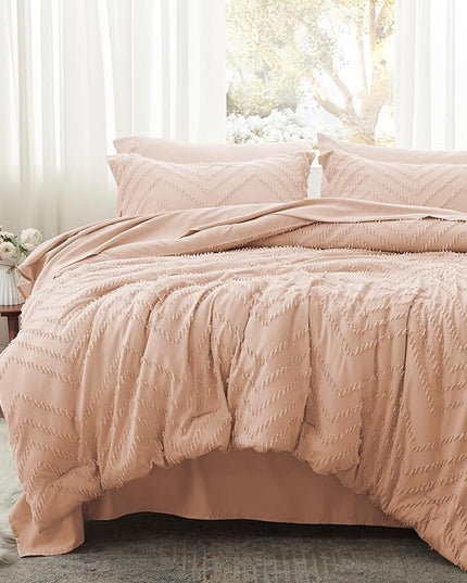 Anluoer King Comforter Set, Pink Tufted Bed in a Bag 7 Pieces with comforters and sheets, All Season Bedding Sets with 1 Comforter, 2 PillowShams, 2 Pillowcases, 1 Flat Sheet, 1 Fitted Sheet - LeafyLoom
