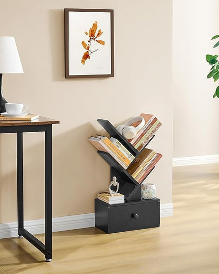 4 Tier Tree Bookshelf with Drawer, Small Tree Bookcase, Modern Table Top Book Shelf Organizer Shelves for Living Room, Bedroom, Home Office, Black - LeafyLoom