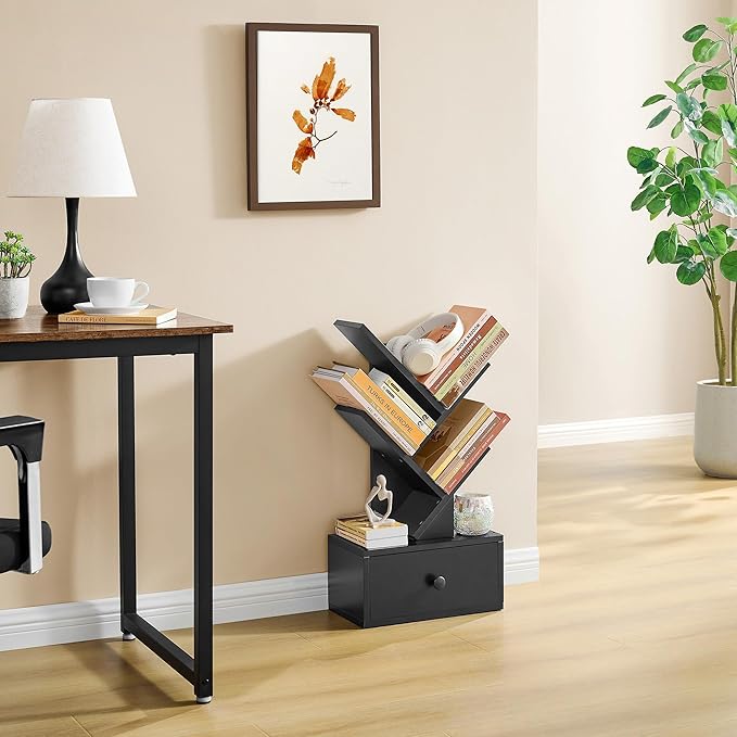 4 Tier Tree Bookshelf with Drawer, Small Tree Bookcase, Modern Table Top Book Shelf Organizer Shelves for Living Room, Bedroom, Home Office, Black - LeafyLoom