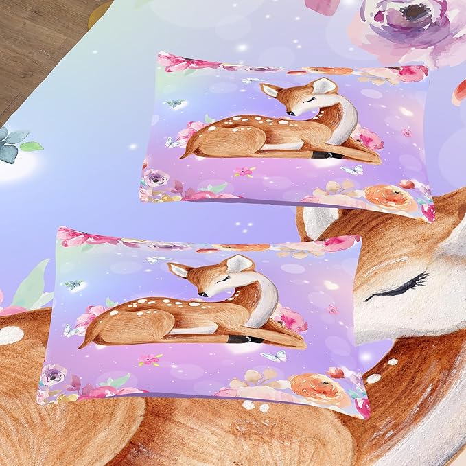 NINENINE Deer Bedding Kawaii Deer Comforter Sets for Girls Kids,Cute Deer Bedding Queen Size Comforter sets for Girls,Watercolor Wildlife Bedding Set with 1 Comforter 2 Pillowcases… - LeafyLoom