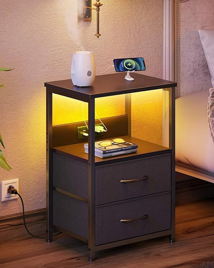 Seventable Nightstand set of 2 with Charging Station, Bedside table with LED Lights, Night stand with 2 Fabric Drawers, 3-Tier Storage End Table for Bedroom, Black - LeafyLoom