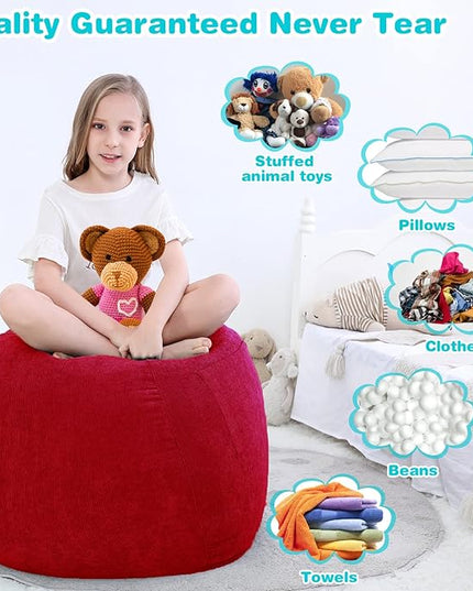 Stuffed Animal Storage Bean Bag Chair Cover (No Filler) for Kids and Adults.Soft Premium Corduroy Stuffable Beanbag for Organizing Children Plush Toys or Memory Foam Small 100L (Red) - LeafyLoom