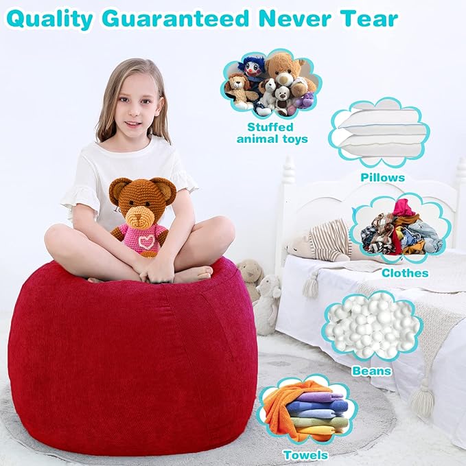Stuffed Animal Storage Bean Bag Chair Cover (No Filler) for Kids and Adults.Soft Premium Corduroy Stuffable Beanbag for Organizing Children Plush Toys or Memory Foam Small 100L (Red) - LeafyLoom