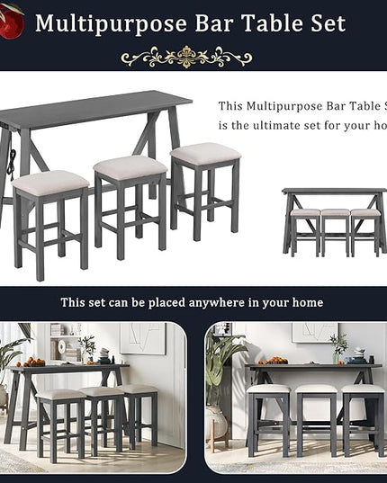 RITSU Multipurpose Set with 3 Upholstered Stools, Easy to Assemble, Table Weight Capacity 350 LBS, for Living, Guest Room, Home Bar, Kitchen, Gray, 3-Piece - LeafyLoom