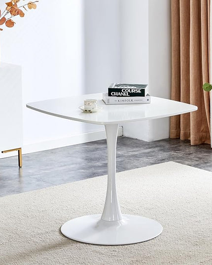 31.5 in White Square Pedestal Tulip Dining Table, Small Space Mid Century Modern Kitchen Table - LeafyLoom