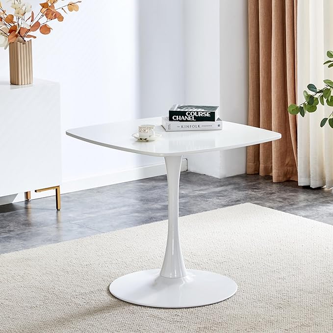 31.5 in White Square Pedestal Tulip Dining Table, Small Space Mid Century Modern Kitchen Table - LeafyLoom