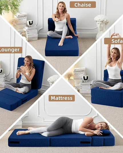 Convertible Folding Sofa Bed - Sleeper Chair with Pillow, Modern Linen Fabric Floor & Futon Couch, Foldable Mattress for Living Room/Dorm/Guest Use/Home Office/Apartment, Single Size, Navy Blue - LeafyLoom