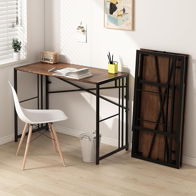 EMODA Folding Computer Desk 40 inch, No Assembly Needed Home Office Table Study Writing Gaming Desk, Mahogany - LeafyLoom