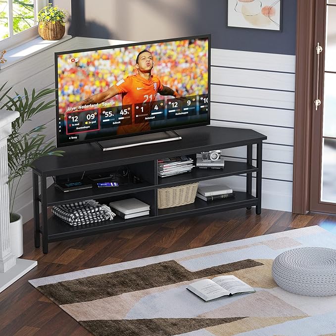 Unikito Corner TV Stand With Power Outlet, Corner Entertainment Center Corner TV Table With 4 Open Storage Corner TV Cabinet Wood TV Stand For Living Room,Bedroom Corner TV Stand For 55 inch TV, Black - LeafyLoom
