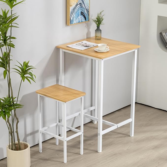 Finnhomy Bar Table, 23.6" Pub Table High Top Table, Square Bar Height Table, Counter Height Cocktail Table, Small Kitchen Table Set for 2, Breakfast for Kitchen, Living Room, Oak Beige and White - LeafyLoom