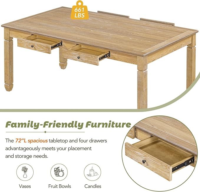 6-Piece Modern Dining Set, Include 72'L Solid Wood Table with 4 Drawers, Upholstered Chairs & Bench, for Kitchen, Living Room, Stable Frame and a Long Lifespan, Natural+Light Gray - LeafyLoom