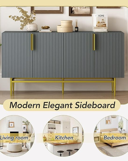 60" Modern 4-Door Elegant Sideboard with Gold Metal Handles and Legs,Storage Buffet Cabinet,W/Adjustable Shelves & Open Countertop,Console Table for Dining Living Room Hallway,Gray - LeafyLoom
