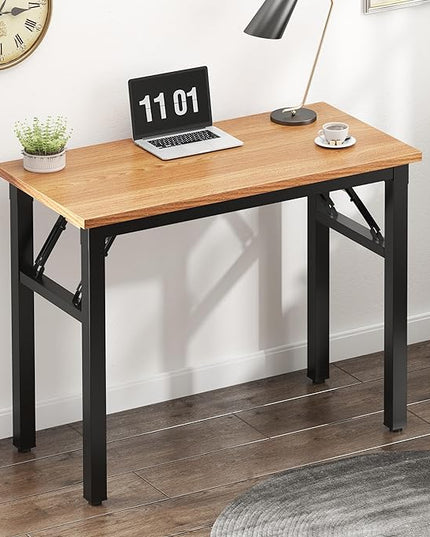 Need Small Computer Desk 31.5 inches Folding Table No Assembly Sturdy Small Writing Desk Folding Desk for Small Spaces, Teak Color Desktop and Black Steel Frame - LeafyLoom