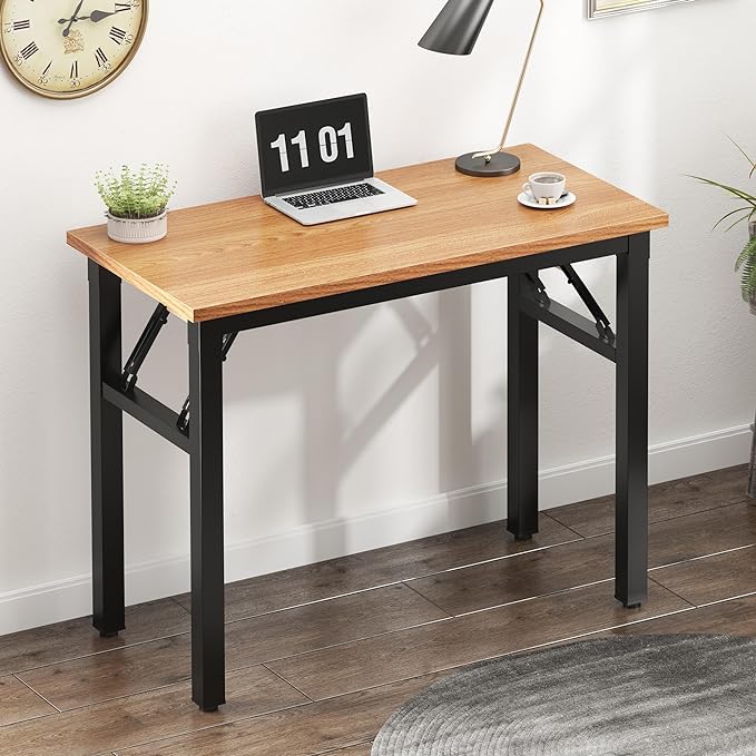Need Small Computer Desk 31.5 inches Folding Table No Assembly Sturdy Small Writing Desk Folding Desk for Small Spaces, Teak Color Desktop and Black Steel Frame - LeafyLoom