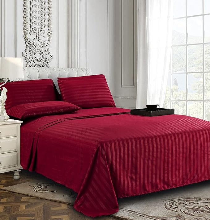 Elegant Comfort Best, Softest, Coziest 6-Piece Sheet Sets! - 1500 Premier Hotel Quality Luxurious Wrinkle Resistant 6-Piece DAMASK STRIPE Bed Sheet Set, King Burgundy - LeafyLoom
