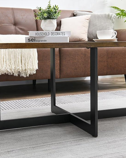 Solid Wood Oval Coffee Table with Cross Metal Legs, 47.9" Industrail Bar Cocktail Table for Living Room Kitchen Office Sofa Table Bristro Table for Cafe/Bar Rustic Brown 1831 - LeafyLoom