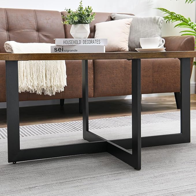 Solid Wood Oval Coffee Table with Cross Metal Legs, 47.9" Industrail Bar Cocktail Table for Living Room Kitchen Office Sofa Table Bristro Table for Cafe/Bar Rustic Brown 1831 - LeafyLoom