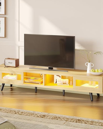 Bestier Mid Century Modern TV Stand for 75 inch TV, LED Entertainment Center with Storage and Sliding Doors, Low Profile TV Consoles for Living Room, White Maple - LeafyLoom