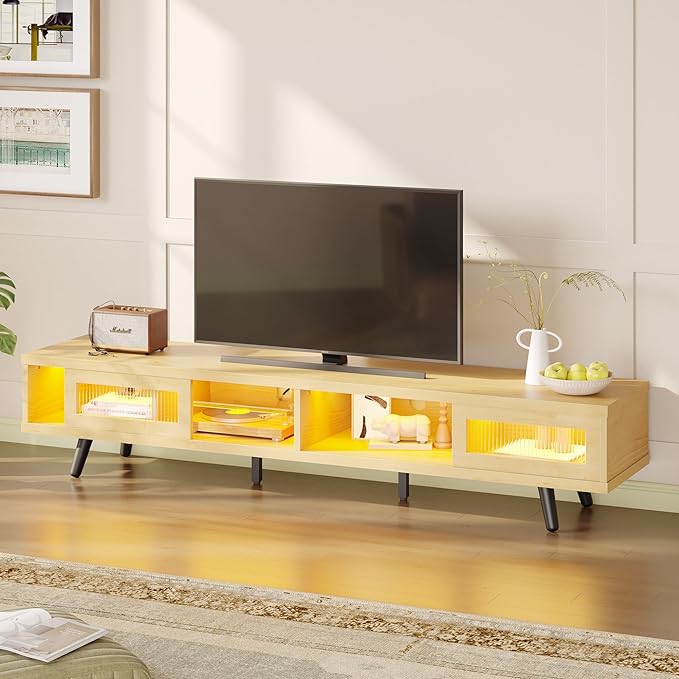 Bestier Mid Century Modern TV Stand for 75 inch TV, LED Entertainment Center with Storage and Sliding Doors, Low Profile TV Consoles for Living Room, White Maple - LeafyLoom