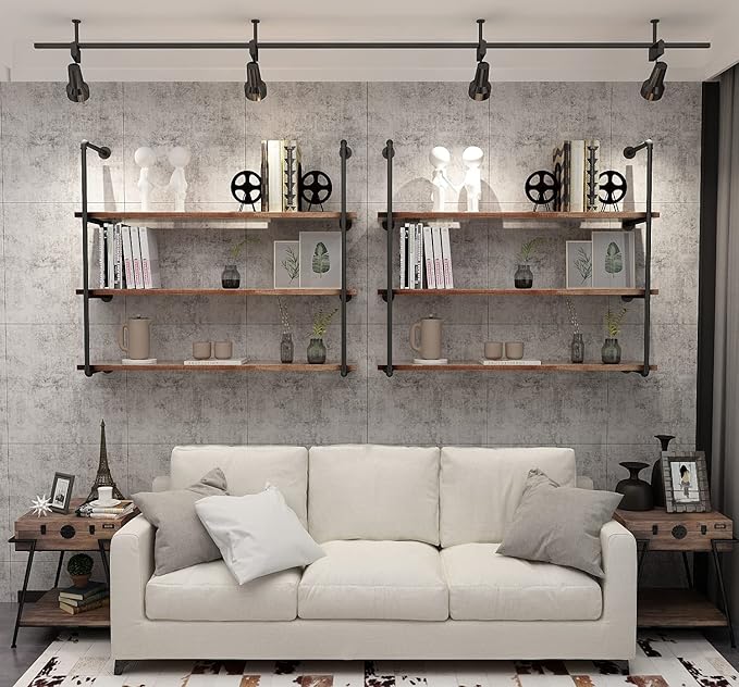 Industrial Wall Mounted Pipe Shelving,Rustic Metal Floating Shelves,Steampunk Real Wood Bookcases,DIY Bookshelf Hanging Shelves,Farmhouse Kitchen Bar Office Home Storage (5-Tier with 4 Boards,24in) - LeafyLoom