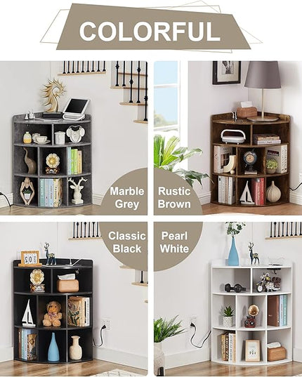 Vecelo Corner Cabinet with Charging Station, 3-Tier Cube Storage Organizer with USB Ports and Outlets, Triangle Bookcases with 8 Cubbies for Playroom, Bedroom, Living Room, Grey - LeafyLoom