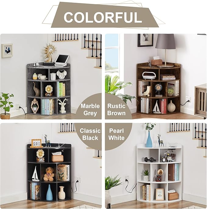Vecelo Corner Cabinet with Charging Station, 3-Tier Cube Storage Organizer with USB Ports and Outlets, Triangle Bookcases with 8 Cubbies for Playroom, Bedroom, Living Room, Grey - LeafyLoom