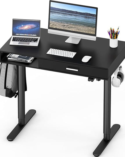 SHW Claire 40-Inch Height Adjustable Electric Standing Desk with Drawer, Black - LeafyLoom