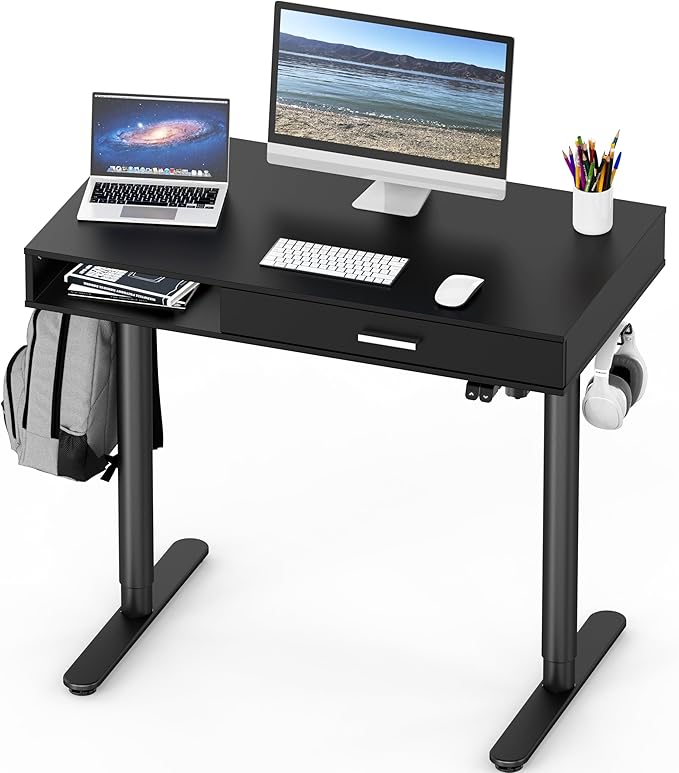 SHW Claire 40-Inch Height Adjustable Electric Standing Desk with Drawer, Black - LeafyLoom